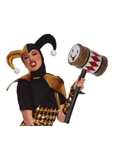 Martello da pagliaccio 79cm con manico nero e testa decorata bianca e rossa per costumi Halloween