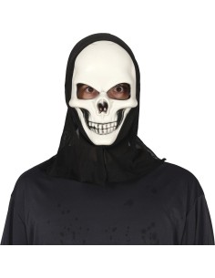 Maschera teschio bianca con cappuccio nero per costume Halloween horror