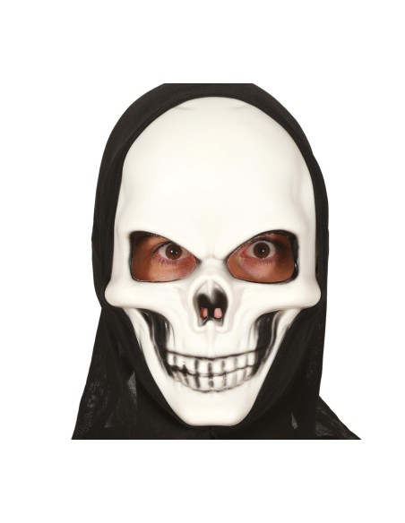 Maschera teschio bianca con cappuccio nero per costume Halloween horror