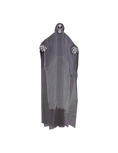 Decorazione Halloween scheletro gigante 320cm con tunica grigia e maschera teschio da appendere