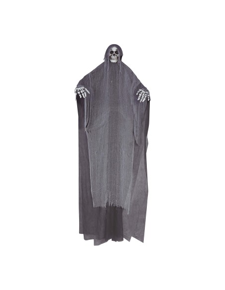 Decorazione Halloween scheletro gigante 320cm con tunica grigia e maschera teschio da appendere