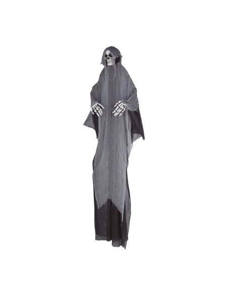 Decorazione Halloween scheletro gigante 320cm con tunica grigia e maschera teschio da appendere