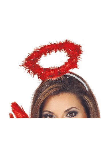 Cerchietto con aureola rossa in piume per costume angelo Halloween accessorio travestimento