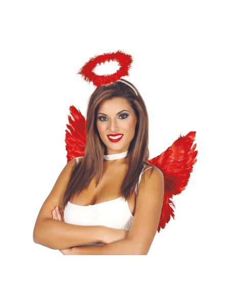 Cerchietto con aureola rossa in piume per costume angelo Halloween accessorio travestimento