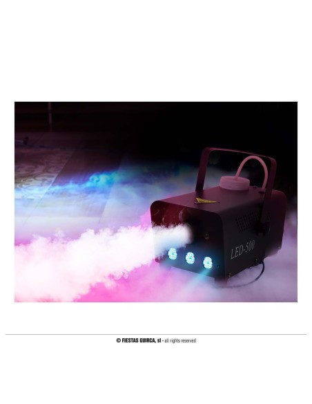 Macchina del fumo elettrica nera con LED colorati che produce dense nuvole di vapore illuminato