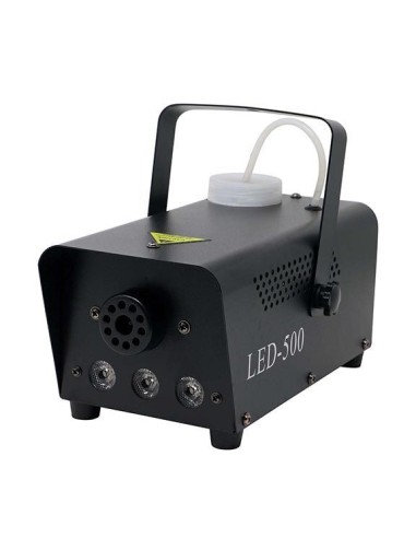 Macchina del fumo elettrica nera con LED colorati che produce dense nuvole di vapore illuminato