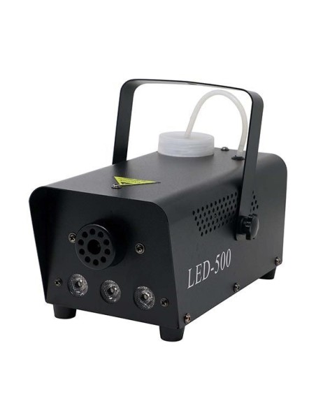 Macchina del fumo elettrica nera con LED colorati che produce dense nuvole di vapore illuminato