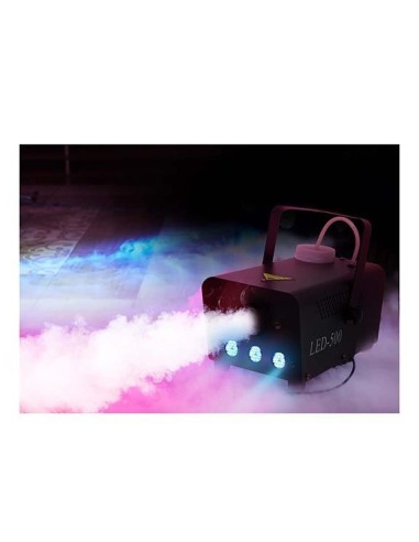 Macchina del fumo elettrica nera con LED colorati che produce dense nuvole di vapore illuminato