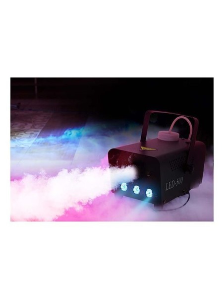Macchina del fumo elettrica nera con LED colorati che produce dense nuvole di vapore illuminato