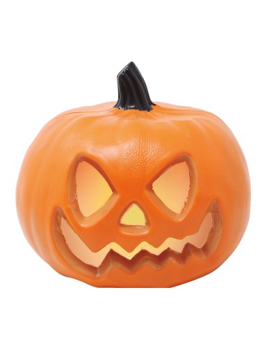 Zucca Halloween arancione 20cm illuminata con volto intagliato e luce interna per decorazioni spettrali