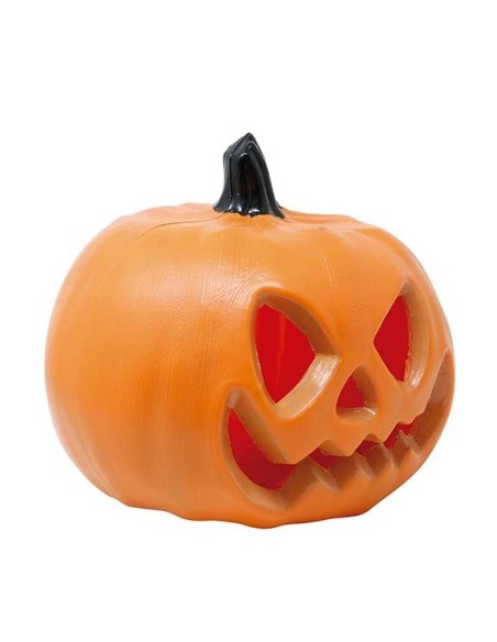 Zucca Halloween arancione 20cm illuminata con volto intagliato e luce interna per decorazioni spettrali