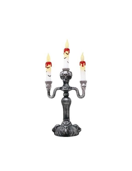Candelabro gotico argento con tre candele illuminate per decorazioni Halloween horror