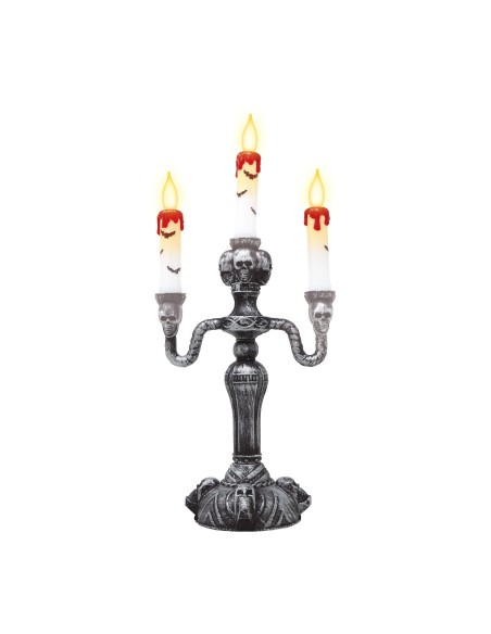 Candelabro gotico argento con tre candele illuminate per decorazioni Halloween horror