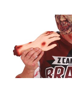 Mano zombie con ferite sanguinolente e carne esposta accessorio horror Halloween effetti speciali