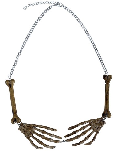 Collana braccia scheletro dorata indossata su décolleté per costume Halloween horror