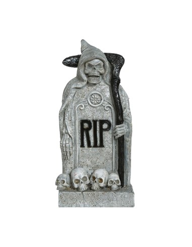 Lapide decorativa Halloween con morte incappucciata, scritta RIP e teschi alla base in poliresina effetto pietra