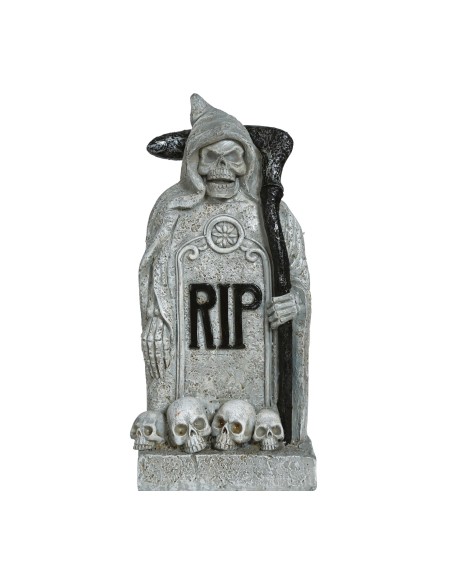 Lapide decorativa Halloween con morte incappucciata, scritta RIP e teschi alla base in poliresina effetto pietra