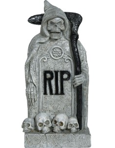 Lapide decorativa Halloween con morte incappucciata, scritta RIP e teschi alla base in poliresina effetto pietra