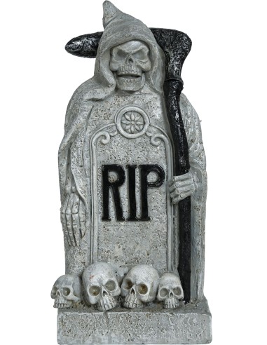 Lapide decorativa Halloween con morte incappucciata, scritta RIP e teschi alla base in poliresina effetto pietra