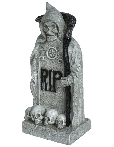 Lapide decorativa Halloween con morte incappucciata, scritta RIP e teschi alla base in poliresina effetto pietra