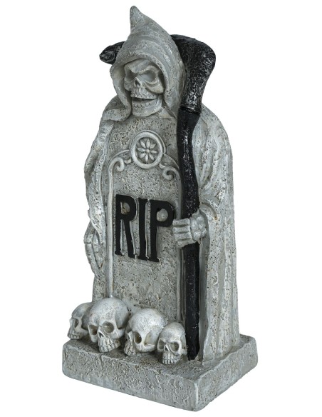 Lapide decorativa Halloween con morte incappucciata, scritta RIP e teschi alla base in poliresina effetto pietra