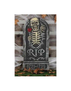 Lapide decorativa Halloween grigia con scheletro inciso, rose rosse e scritta RIP 1721-1795 per decorazioni horror 2