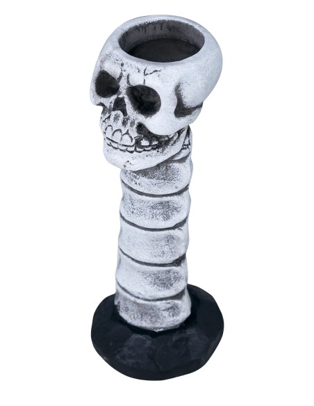 Candelabro decorativo teschio Halloween in resina bianca su base nera segmentata