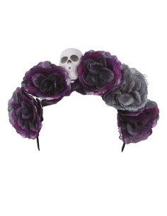 Diadema Halloween con fiori grigi viola e teschio per costume Day of the Dead gotico 2