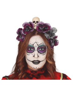Diadema Halloween con fiori grigi viola e teschio per costume Day of the Dead gotico