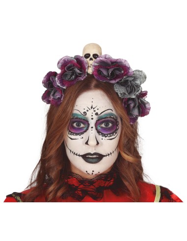 Diadema Halloween con fiori grigi viola e teschio per costume Day of the Dead gotico