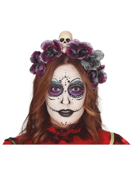 Diadema Halloween con fiori grigi viola e teschio per costume Day of the Dead gotico