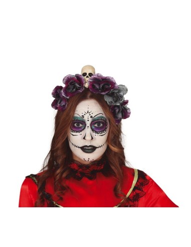 Diadema Halloween con fiori grigi viola e teschio per costume Day of the Dead gotico