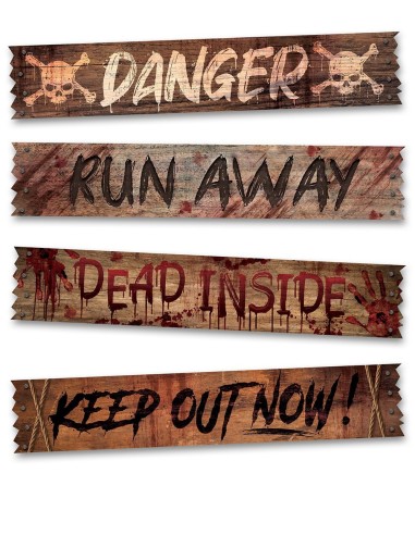 Set 4 poster coprifinestra Halloween con scritte horror Danger Run Away Dead Inside Keep Out effetto legno