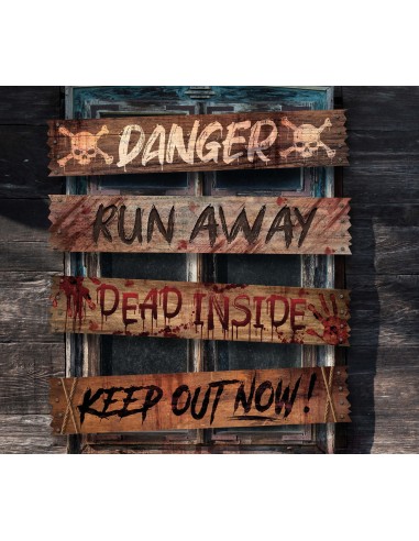 Set 4 poster coprifinestra Halloween con scritte horror Danger Run Away Dead Inside Keep Out effetto legno