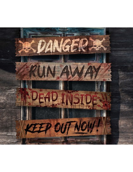 Set 4 poster coprifinestra Halloween con scritte horror Danger Run Away Dead Inside Keep Out effetto legno