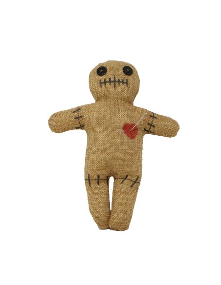 Bambola voodoo in tessuto beige con occhi neri e cuore rosso per decorazioni Halloween horror spaventose
