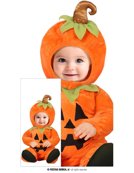 Costume zucca arancione bambino con cappuccio decorato foglie verdi Halloween 18-24 mesi