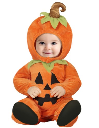 Costume zucca arancione bambino con cappuccio decorato foglie verdi Halloween 18-24 mesi