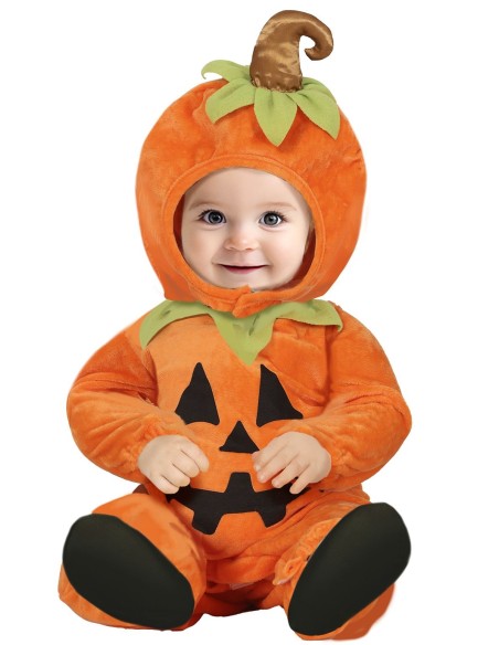 Costume zucca arancione bambino con cappuccio decorato foglie verdi Halloween 18-24 mesi