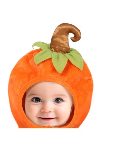 Costume zucca arancione bambino con cappuccio decorato foglie verdi Halloween 18-24 mesi