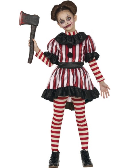 Costume clown horror bambina con vestito righe rosse bianche e ascia giocattolo per Halloween