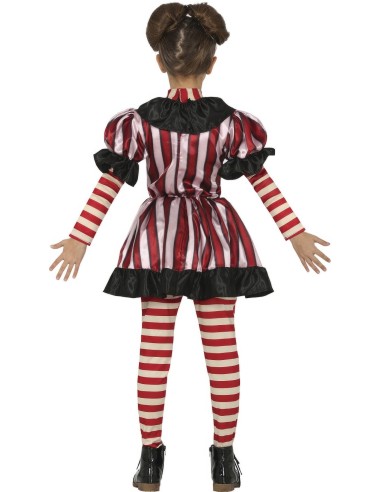 Costume clown horror bambina con vestito righe rosse bianche e ascia giocattolo per Halloween