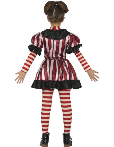 Costume clown horror bambina con vestito righe rosse bianche e ascia giocattolo per Halloween