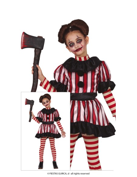 Costume clown horror bambina con vestito righe rosse bianche calzettoni ascia Halloween