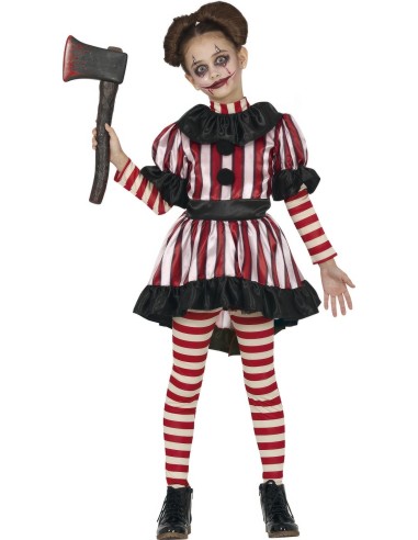 Costume clown horror bambina con vestito righe rosse bianche calzettoni ascia Halloween