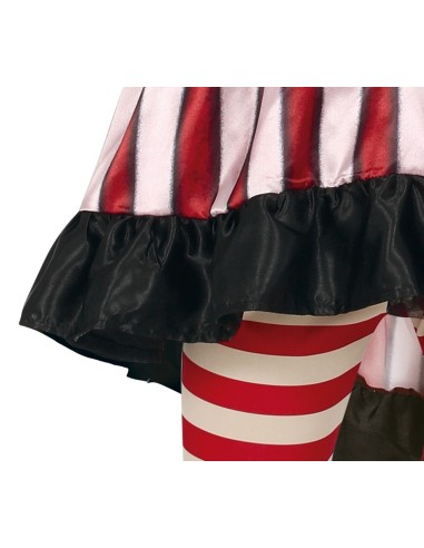 Costume clown horror bambina con abito righe rosse bianche ascia giocattolo Halloween