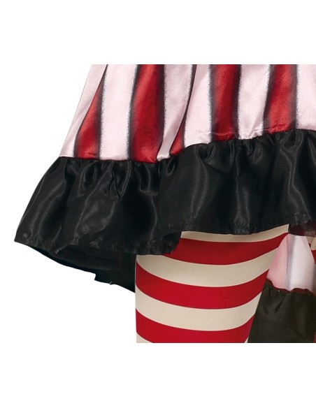 Costume clown horror bambina con abito righe rosse bianche ascia giocattolo Halloween