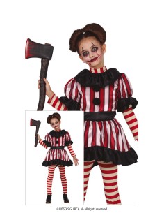 Costume clown horror bambina con abito righe rosse bianche ascia giocattolo Halloween