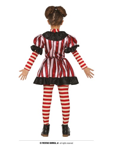 Costume clown horror bambina con abito righe rosse bianche ascia giocattolo Halloween