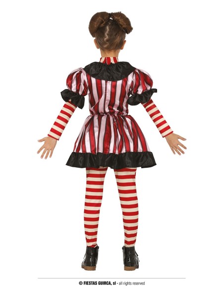 Costume clown horror bambina con abito righe rosse bianche ascia giocattolo Halloween